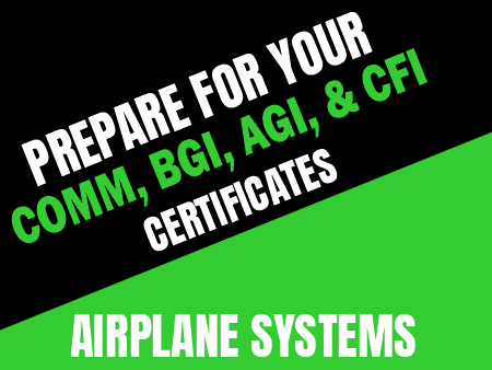 Text graphic reads: "Get ready for your COMM, BGI, AGI & CFI certificates with Rod Machado's-Commercial-BGI-AGI-and-CFI/FOI-AddOn-eCourse from Rod Machado's Aviation Learning Center." Black and green background, white and green text.