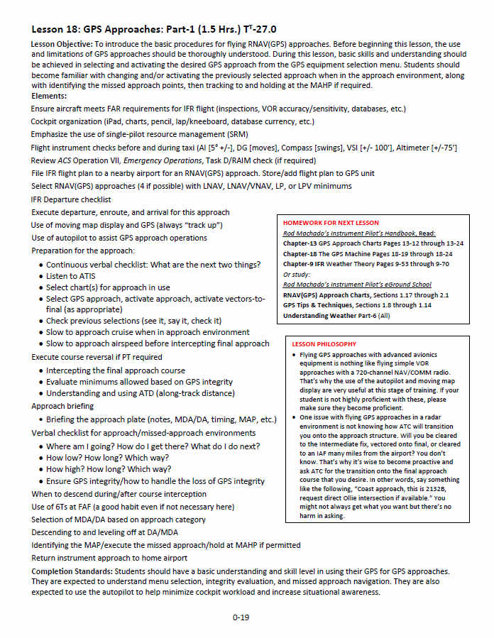 Rod Machado's FREE Instrument Flight Training Syllabus includes a comprehensive lesson plan titled "Lesson 18: GPS Approaches: Part-1," which outlines objectives, equipment requirements, flight review items, instructional philosophy, and homework for an IFR GPS approach training session.