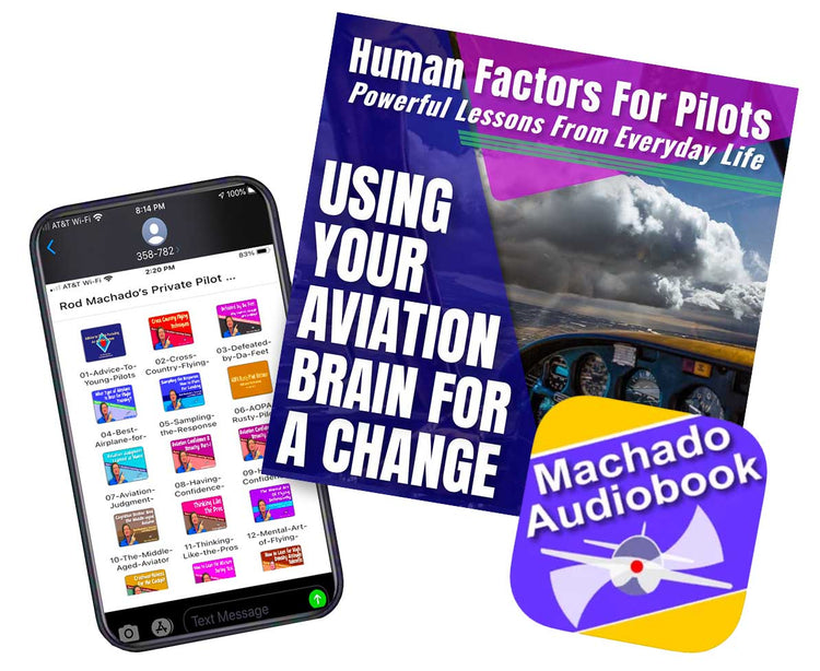 A smartphone displays audiobook covers alongside the Audiobook "Human Factors for Pilots - Using Your Aviation Brain for a Change" by Rod Machado, emphasizing key aviation human factors.