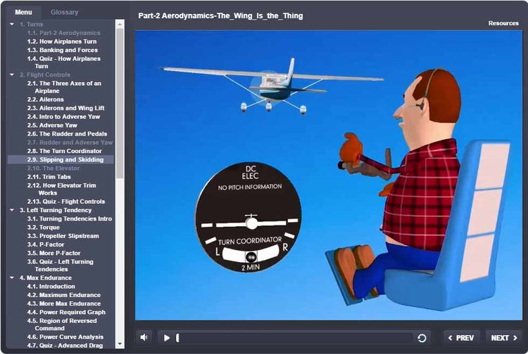 An illustration depicting a person in a flight simulator with a plane overhead and a turn coordinator gauge, paired with a menu on the left showcasing flight concepts such as turns, aerodynamics, and maneuvering. This is an ideal fit for Rod Machado's 40-hour Private Pilot eLearning Ground School at Rod Machado's Aviation Learning Center, perfect for preparing for the FAA Knowledge Exam.