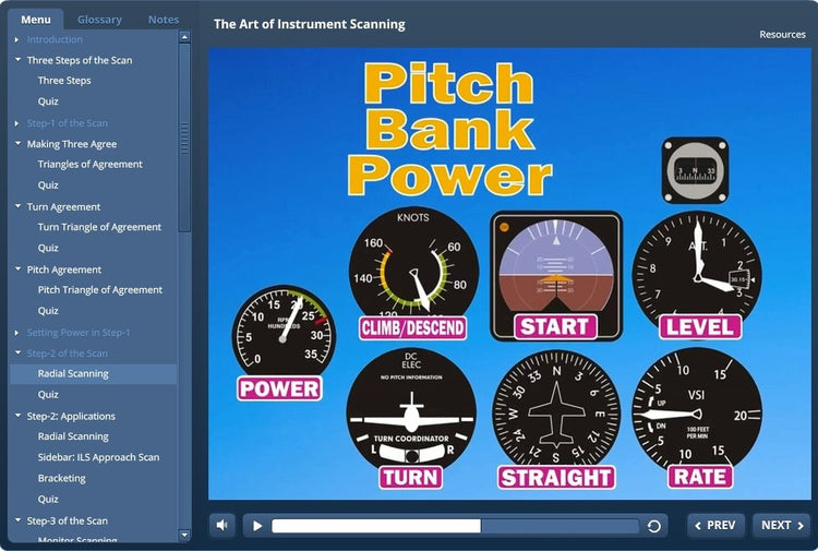 The Rod Machado Art of the Instrument Scan-Interactive eLearning Course is displayed on a screen.