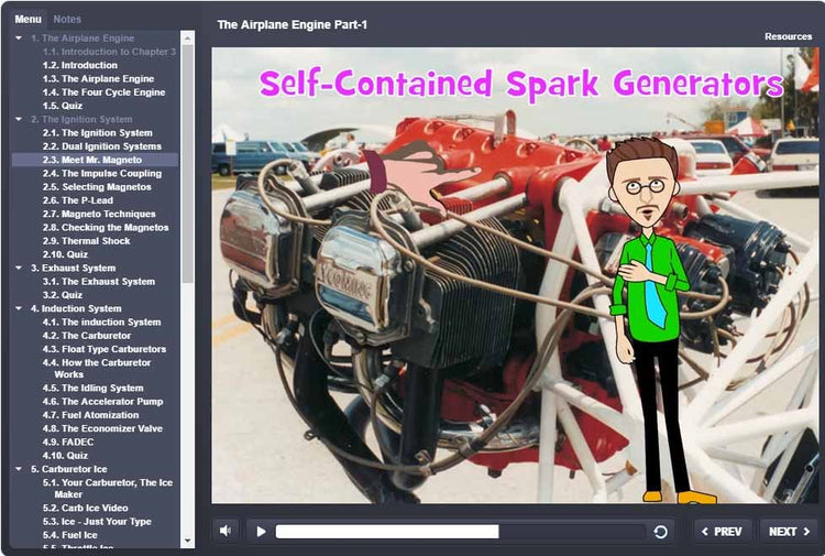 Diagram of an airplane engine with labeled parts, featuring a cartoon character highlighting "Self-Contained Spark Generators." A sidebar details chapters and topics under "The Airplane Engine Part-1," integral to Rod Machado's 40-hour Private Pilot eLearning Ground School by Rod Machado's Aviation Learning Center. Ideal for individuals preparing for the FAA Knowledge Exam or those interested in Complimentary eBooks.