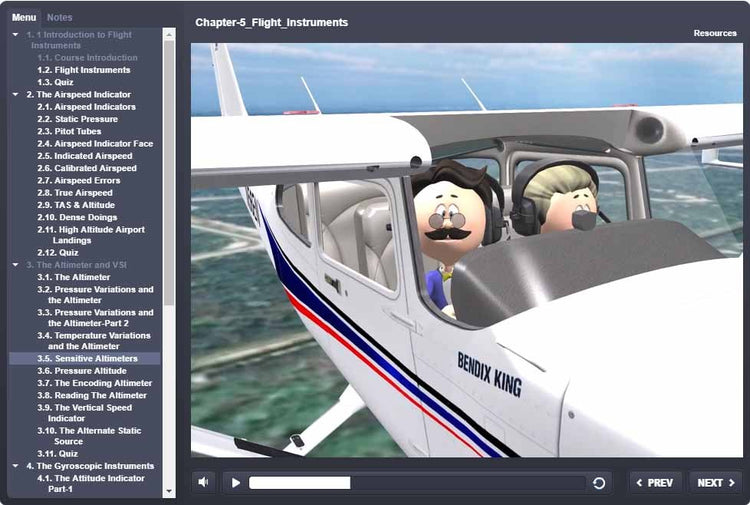 Cartoon characters pilot a small plane labeled "Rod Machado's Aviation Learning Center," with a cockpit showing Rod Machado's 40-hour Private Pilot eLearning Ground School. A flight instruction menu and progress bar at the bottom seamlessly combine fun with learning, much like an engaging eLearning course.
