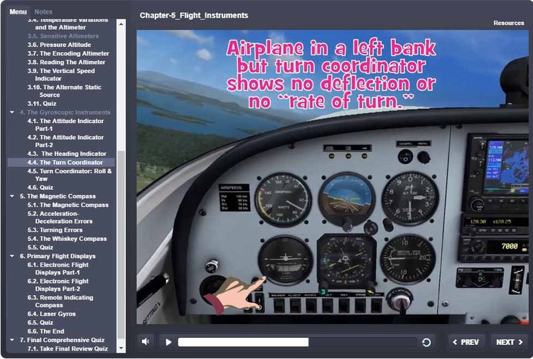Screenshot of Rod Machado's 40-hour Private Pilot eLearning Ground School demonstrating a cockpit view and instruments. Text reads, "Airplane in a left bank but turn coordinator shows no deflection or 'rate of turn,'" similar to scenarios tested on the FAA Knowledge Exam by Rod Machado's Aviation Learning Center.