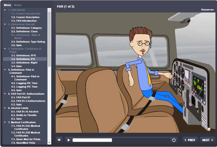 An illustrated person sits in an airplane cockpit, interacting with the controls, while a navigation menu on the left lists various FAR-related topics and definitions. Explore Rod Machado's 40-hour Private Pilot eLearning Ground School by Rod Machado's Aviation Learning Center to access complimentary eBooks that assist in preparing for the FAA Knowledge Exam.