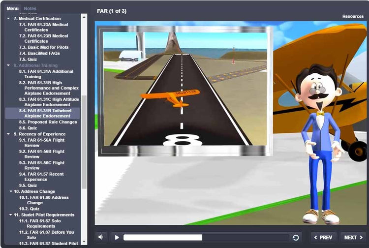A cartoon character is positioned beside a screen that shows a small plane on a runway, setting the stage for Rod Machado's 40-hour Private Pilot eLearning Ground School. On the left side, there's a navigation menu from Rod Machado's Aviation Learning Center that directs viewers through modules designed to prepare them for the FAA Knowledge Exam.