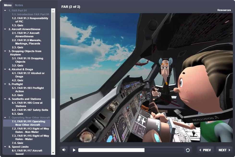 In an animated cockpit, a lively pilot and co-pilot engage with Rod Machado's 40-hour Private Pilot eLearning Ground School on the left side of the screen, featuring flight rules and quizzes from Rod Machado's Aviation Learning Center, enriching their skills like an interactive eLearning course in preparation for the FAA Knowledge Exam.