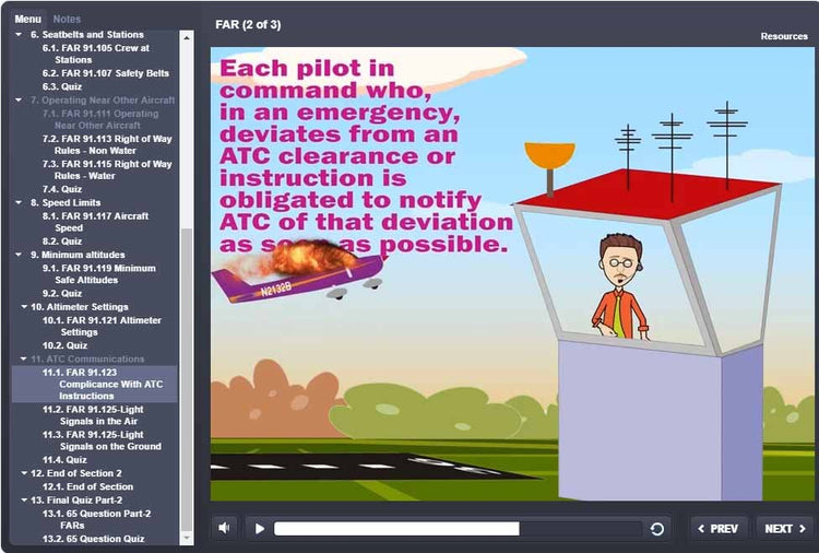 In Rod Machado's 40-hour Private Pilot eLearning Ground School, a cartoon illustrates a pilot communicating with air traffic control about an emergency course change, highlighting the importance of notifying ATC. The interface elements are displayed on the left side. This visual is included in our eLearning course, offered by Rod Machado's Aviation Learning Center, which also provides complimentary eBooks to enhance your learning experience.