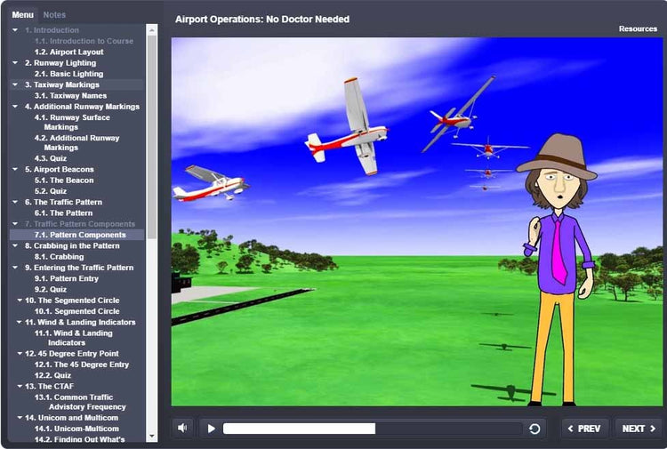 An animation showcasing an individual in a hat pointing upwards, accompanied by small planes soaring above, highlights Rod Machado's 40-hour Private Pilot eLearning Ground School. A side menu features topics on airport operations along with complimentary eBooks, offered by Rod Machado's Aviation Learning Center.