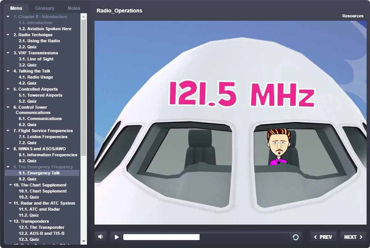 Illustration of an airplane cockpit displays a frequency of 121.5 MHz with a cartoon character inside, set against a blue sky background. Perfect for enhancing your study experience or preparing for the FAA Knowledge Exam, this is part of Rod Machado's 40-hour Private Pilot eLearning Ground School by Rod Machado's Aviation Learning Center, and it includes complimentary eBooks.
