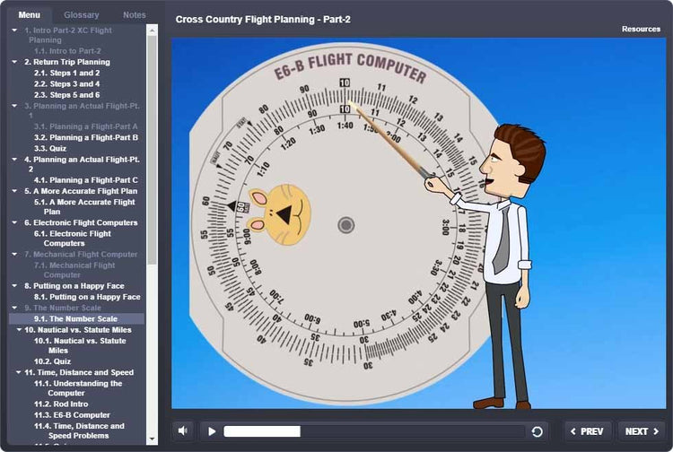 Illustration of a person using Rod Machado's Aviation Learning Center tools on a screen, featuring a navigation menu perfectly suited for Rod Machado's 40-hour Private Pilot eLearning Ground School.
