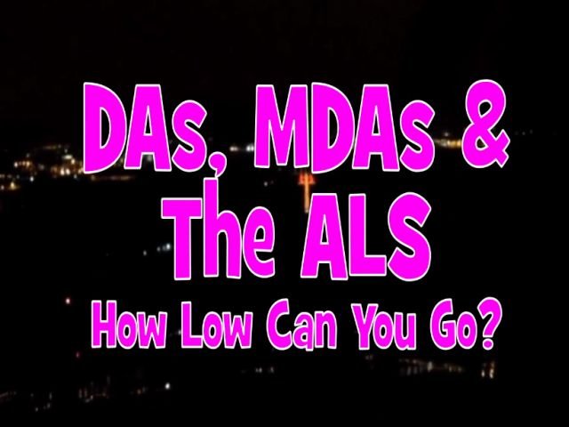 In bold pink text against a dark backdrop, the phrase "DAs, MDAs & The ALS: How Low Can You Go?" appears as city lights shimmer in the distance, evoking the experience of exploring Rod Machado's Instrument Pilot eGround School by Rod Machado's Aviation Learning Center.