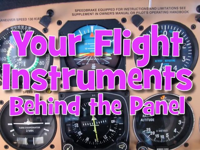 Visible on the aircraft instrument panel are six flight gauges, with bold overlay text that reads, "Your Flight Instruments Behind the Panel" in pink and purple, echoing the style of Rod Machado's Instrument Pilot eGround School from Rod Machado's Aviation Learning Center.