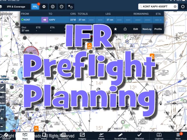 An image of a digital flight planning interface features the bold purple overlay text "IFR Preflight Planning," utilizing resources such as Rod Machado's Instrument Pilot eGround School by Rod Machado's Aviation Learning Center to optimize pilot preparation.