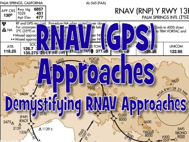 Graphic titled "RNAV (GPS) Approaches," featuring a map and text designed to clarify RNAV approaches, as found in Rod Machado's Instrument Pilot eGround School by Rod Machado's Aviation Learning Center.