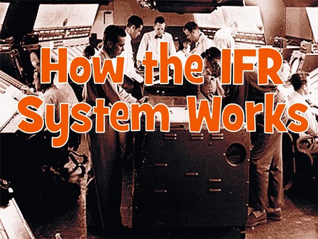 A group of people work at control panels in a retro-style room with the text "How Rod Machado's Instrument Pilot eGround School Works" overlaid, reminiscent of Rod Machado's Aviation Learning Center.