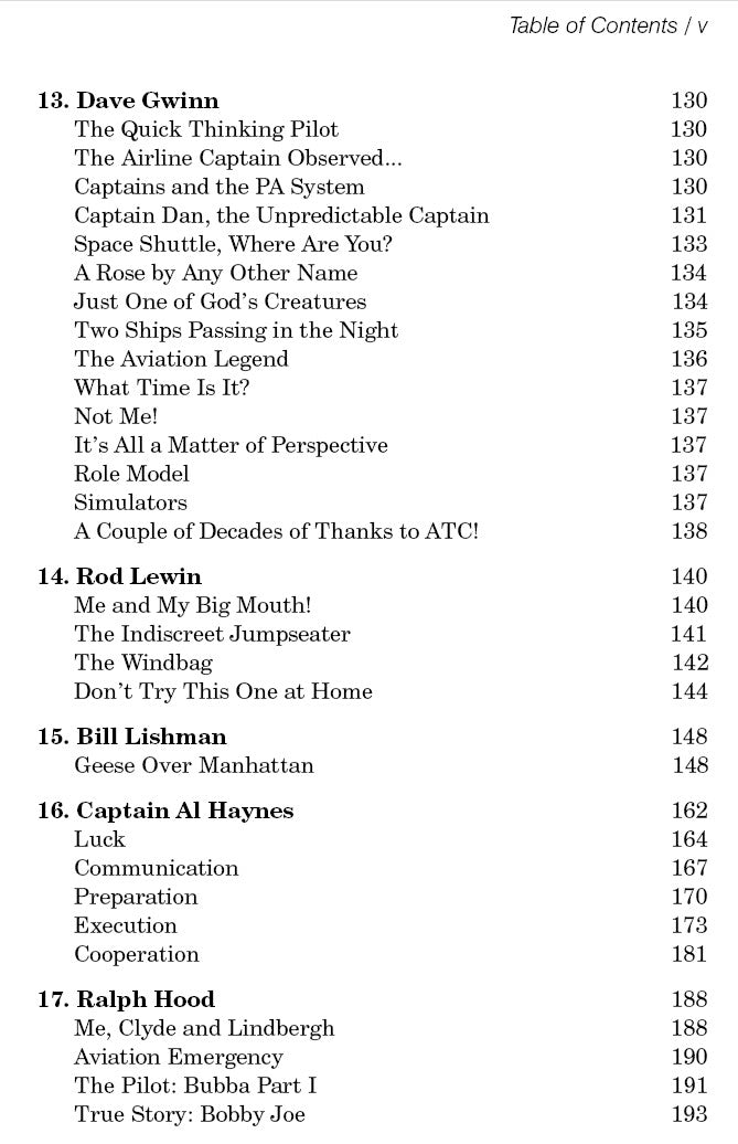 The table of contents for "Speaking of Flying" by Rod Machado lists chapters 13 to 17, showcasing captivating aviation stories and insights into innovation, personal experiences, and leadership, featuring esteemed authors like Dave Gwinn, Rod Lewin, Bill Lishman, and Ralph Hood.
