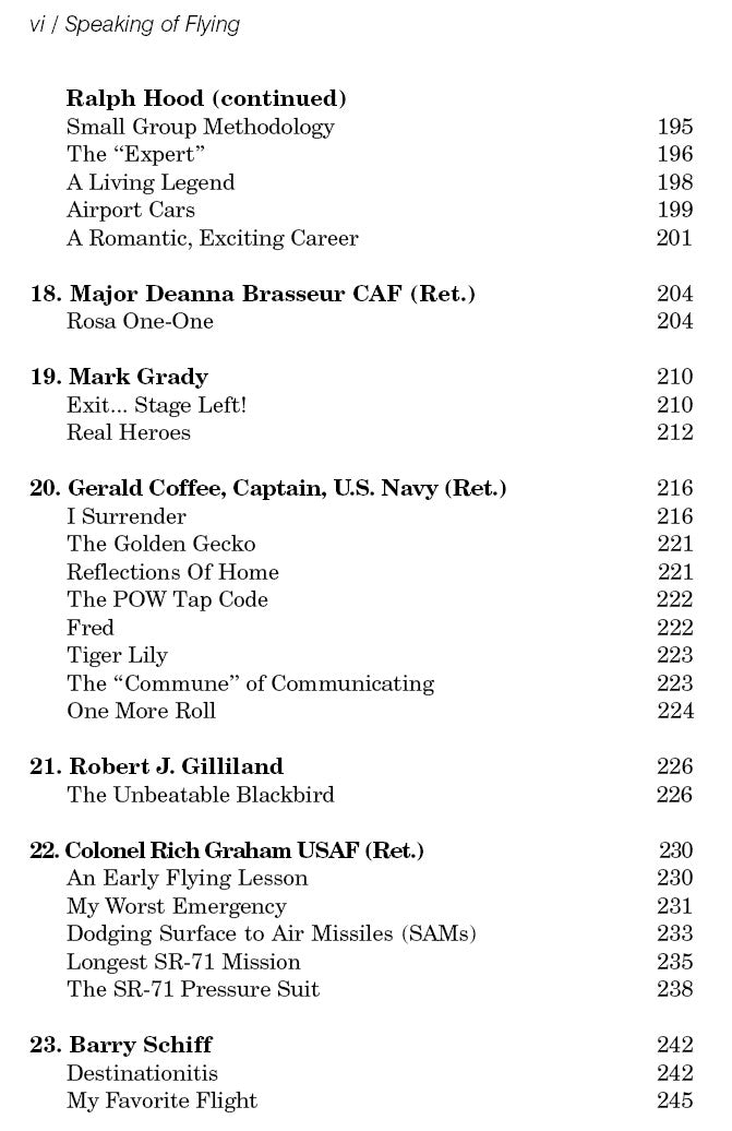 The table of contents includes chapters with captivating aviation stories and page numbers, featuring insights from renowned speakers such as Ralph Hood, Mark Grady, Gerald Coffee, Robert J. Gilliland, Colonel Rich Graham USAF (Ret.), Barry Schiff, and other celebrities in "Speaking of Flying" by Rod Machado.