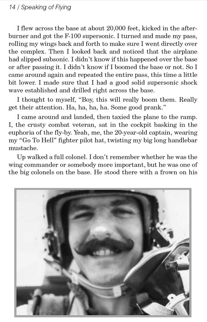 An aviation photo of a man in a helmet with a mustache, featuring the Speaking of Flying eBook by Rod Machado.