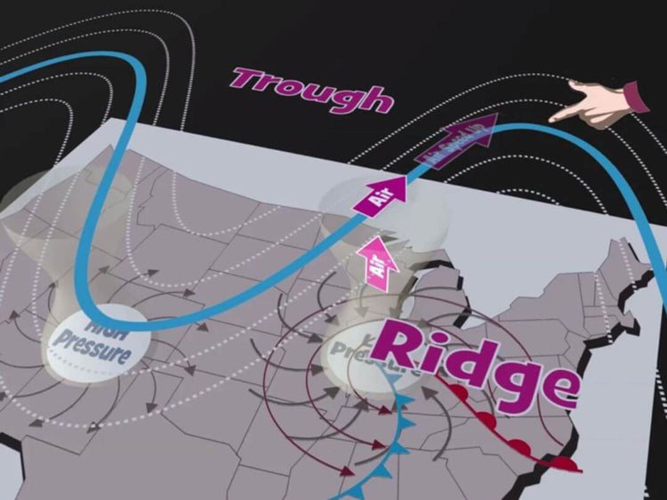 A map of the ridge with arrows pointing to the direction of the storm, providing Understanding Weather - Interactive eLearning Course by Rod Machado.