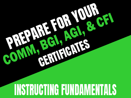 Text graphic stating: "Rod Machado's-Commercial-BGI-AGI-and-CFI/FOI-AddOn-eCourse. Covers fundamentals for flight instructor knowledge exams." on a black and green background. Brand: Rod Machado's Aviation Learning Center.