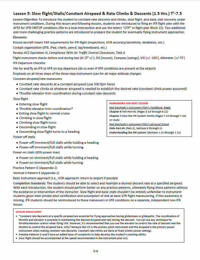 Description: *Rod Machado's FREE Instrument Flight Training Syllabus* page detailing slow flight, stalls, constant airspeed, and rate climbs and descents by Rod Machado. Includes objectives, required equipment, and step-by-step procedures for IFR flight training. Text in black and red.