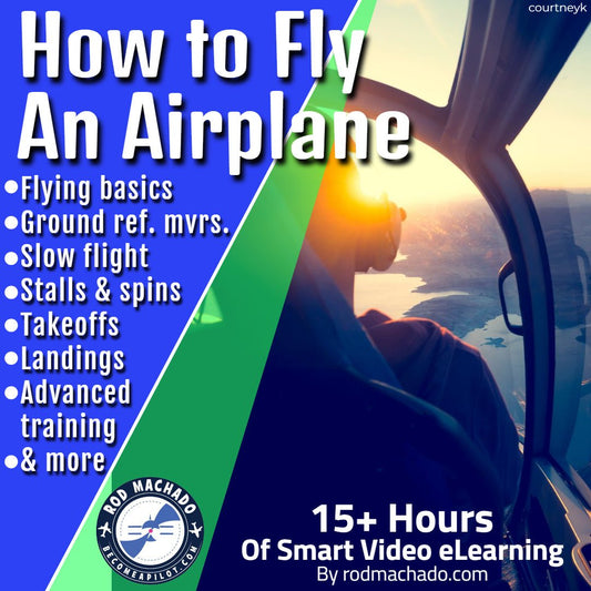 Promotional graphic for Rod Machado's Aviation Learning Center's eLearning course titled "How to Fly an Airplane," featuring a list of topics covered such as ground reference maneuvers, takeoffs and landings, and ACS standards.