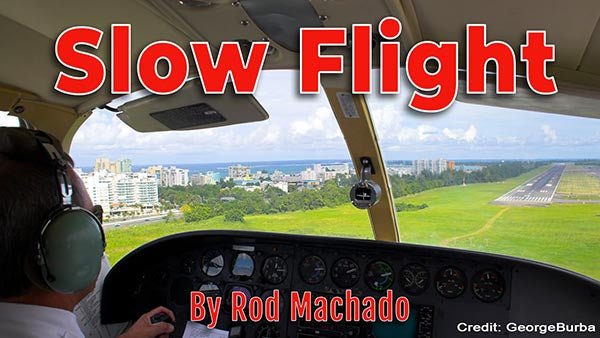 View from a cockpit during a practice of slow flight with ACS standards, showcasing a coastline and runway ahead for takeoffs and landings while taking the How to Fly an Airplane eCourse from Rod Machado's Aviation Learning Center.