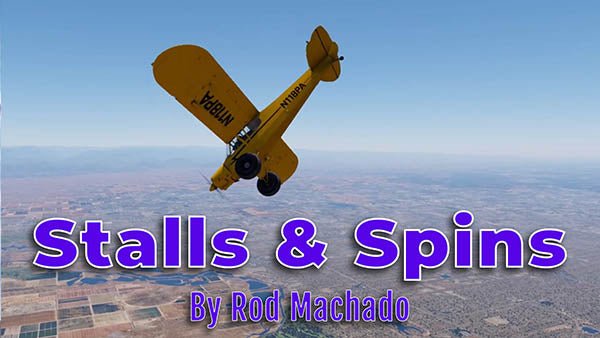 A yellow biplane in a nose-up attitude against a blue sky with the text "How to Fly an Airplane eCourse: Stalls & Spins by Rod Machado's Aviation Learning Center" displayed below.