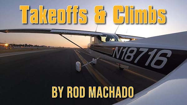Small aircraft on a runway at dusk with the text "Takeoffs and Landings by Rod Machado's Aviation Learning Center How to Fly an Airplane eCourse.