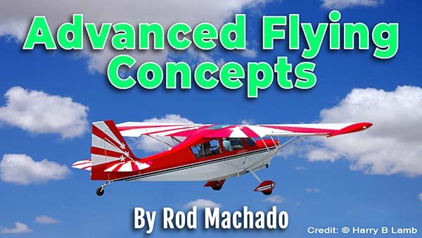 Small aircraft in flight demonstrating "takeoffs and landings" against a backdrop of clouds, titled "How to Fly an Airplane eCourse" by Rod Machado's Aviation Learning Center.