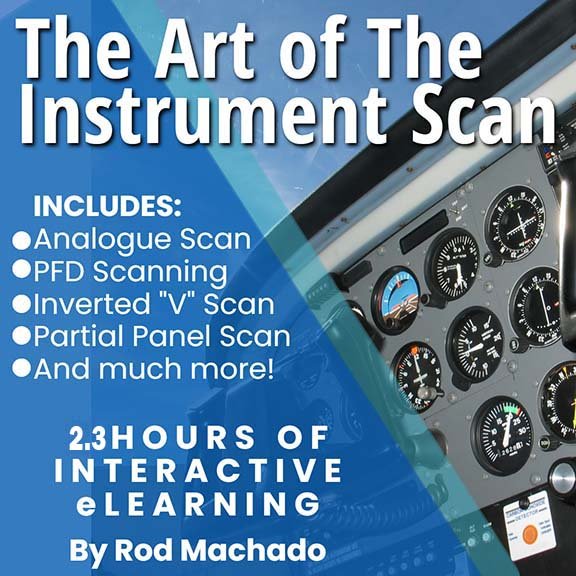 Promotional graphic for Rod Machado's "The Art of the Instrument Scan-Interactive eLearning Course," featuring key pilot training benefits and showcasing an airplane instrument panel.