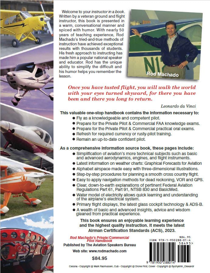 The back cover of Rod Machado's Private/Commercial Pilot Handbook by Rod Machado with a picture of a plane.