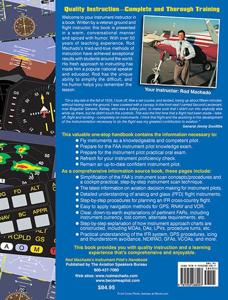 The back cover of Rod Machado's Instrument Pilot's Handbook, a Rod Machado eBook following the 2023 Standards, featuring a picture of a man flying a plane.