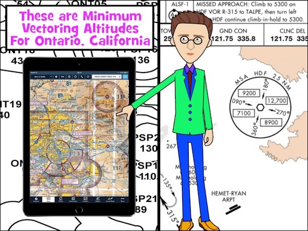 A man in a suit is pointing to a map of California, demonstrating interactive eLearning with the product "Secrets of Instrument Approaches and Departures" by Rod Machado.