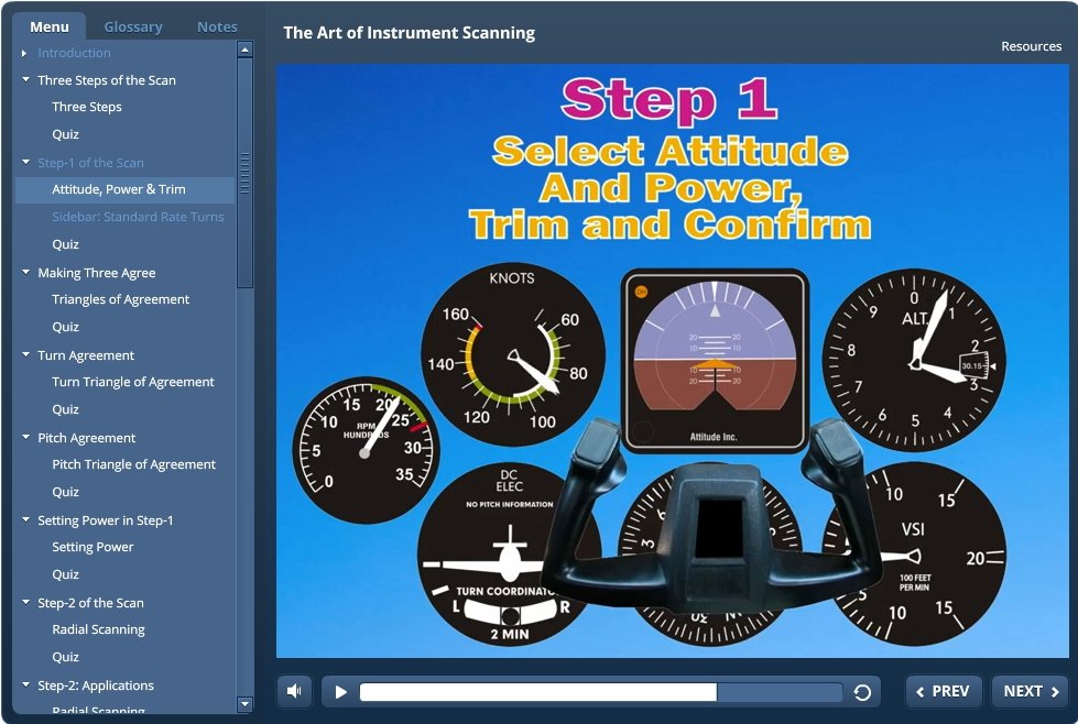 A screen shot of The Art of the Instrument Scan-Interactive eLearning Course by Rod Machado flight simulator.