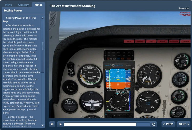 A screenshot of the cockpit of a plane featuring The Art of the Instrument Scan-Interactive eLearning Course by Rod Machado.