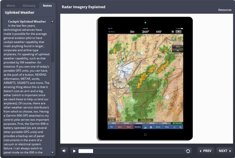 A screen shot of a Rod Machado iPad displaying a map in the Radar Imagery Explained-Interactive eLearning Course.