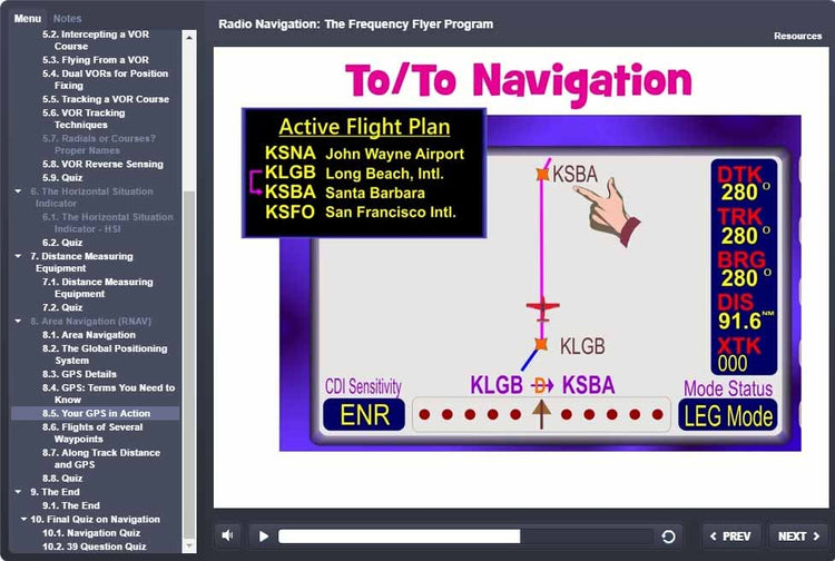 A screen shot of Rod Machado's 40-hour Private Pilot eLearning Ground School, a navigation program developed by Rod Machado.