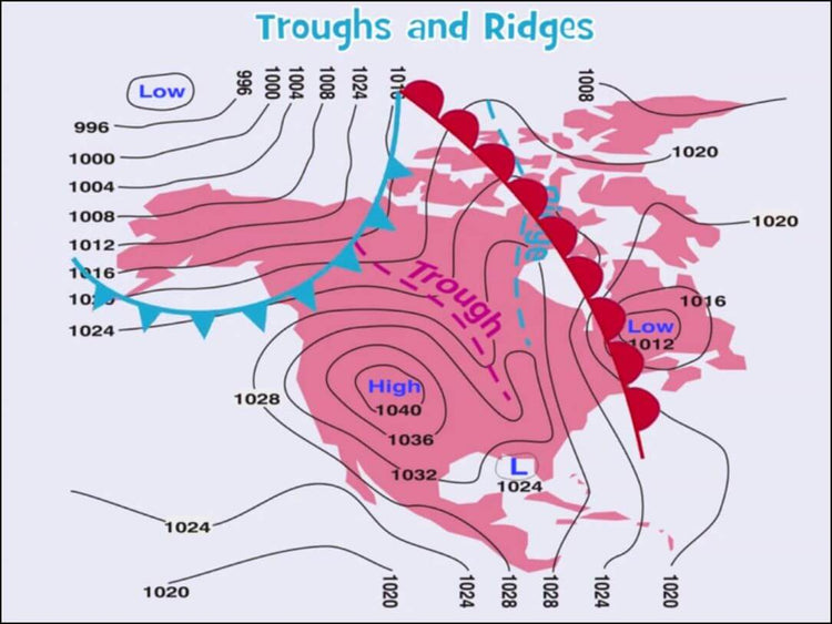 Interactive eLearning Program: "Understanding Weather - Interactive eLearning Course" by Rod Machado: A map highlighting troughs and ridges.