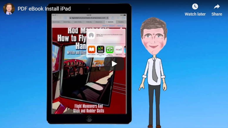 A man is standing next to an iPad showcasing a cartoon character from Rod Machado's "How to Access Any of Rod Machado's Products-PDF.